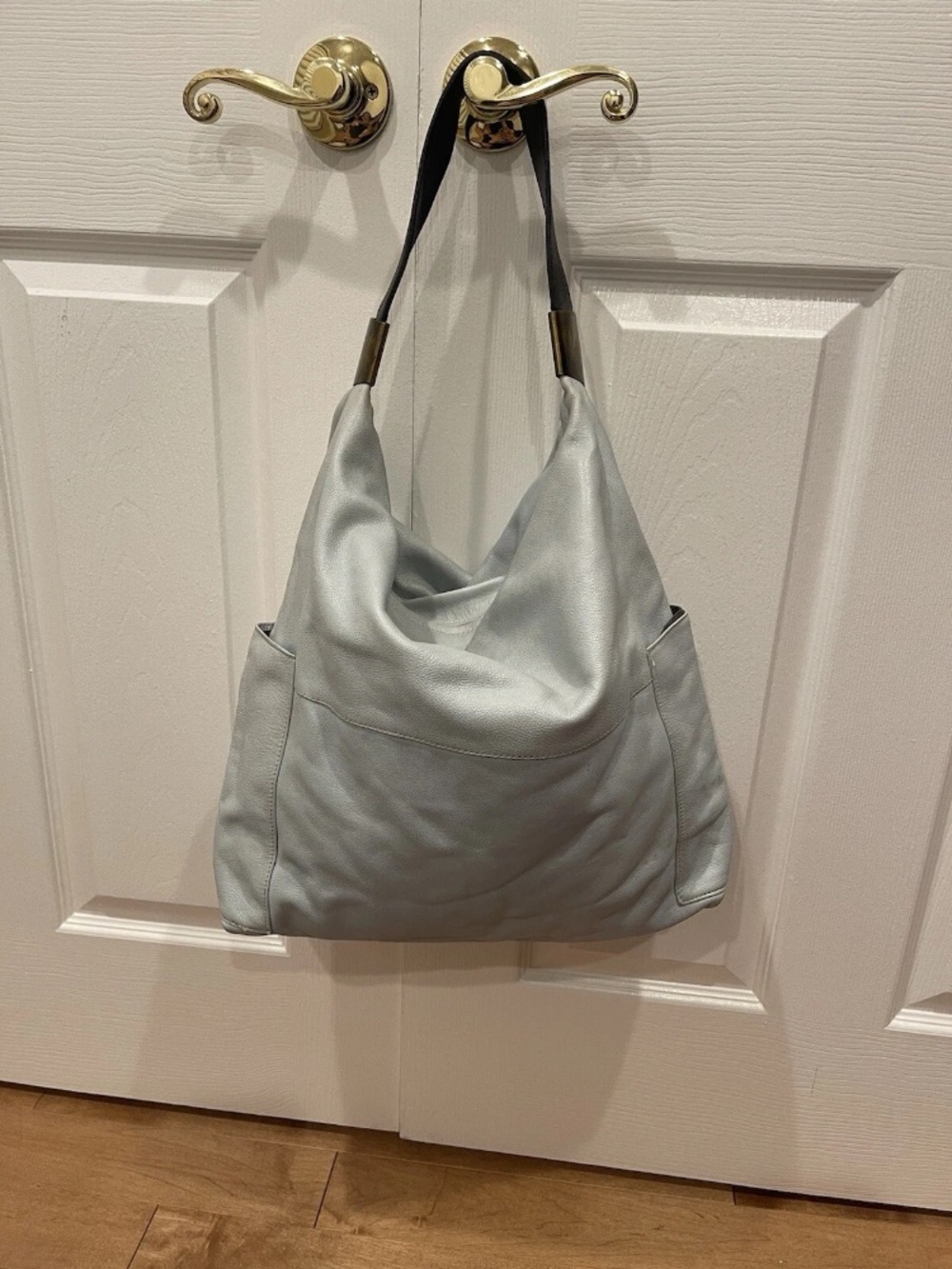 Soft Light Gray Leather Hobo Bag with Comfortable Shoulder Strap